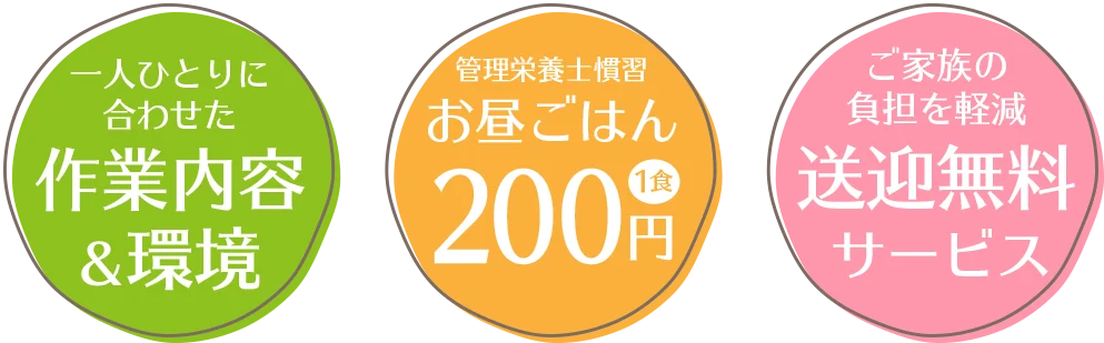 一人ひとりに合わせた 作業内容&環境／管理栄養士監修 お昼ごはん 200円(税込)／ご家族の負担を軽減 送迎無料サービス