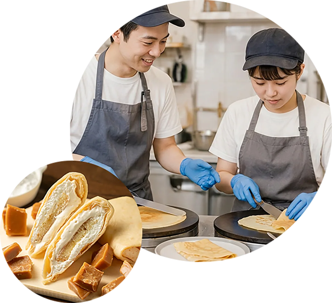 クレープを焼くスタッフと利用者様
